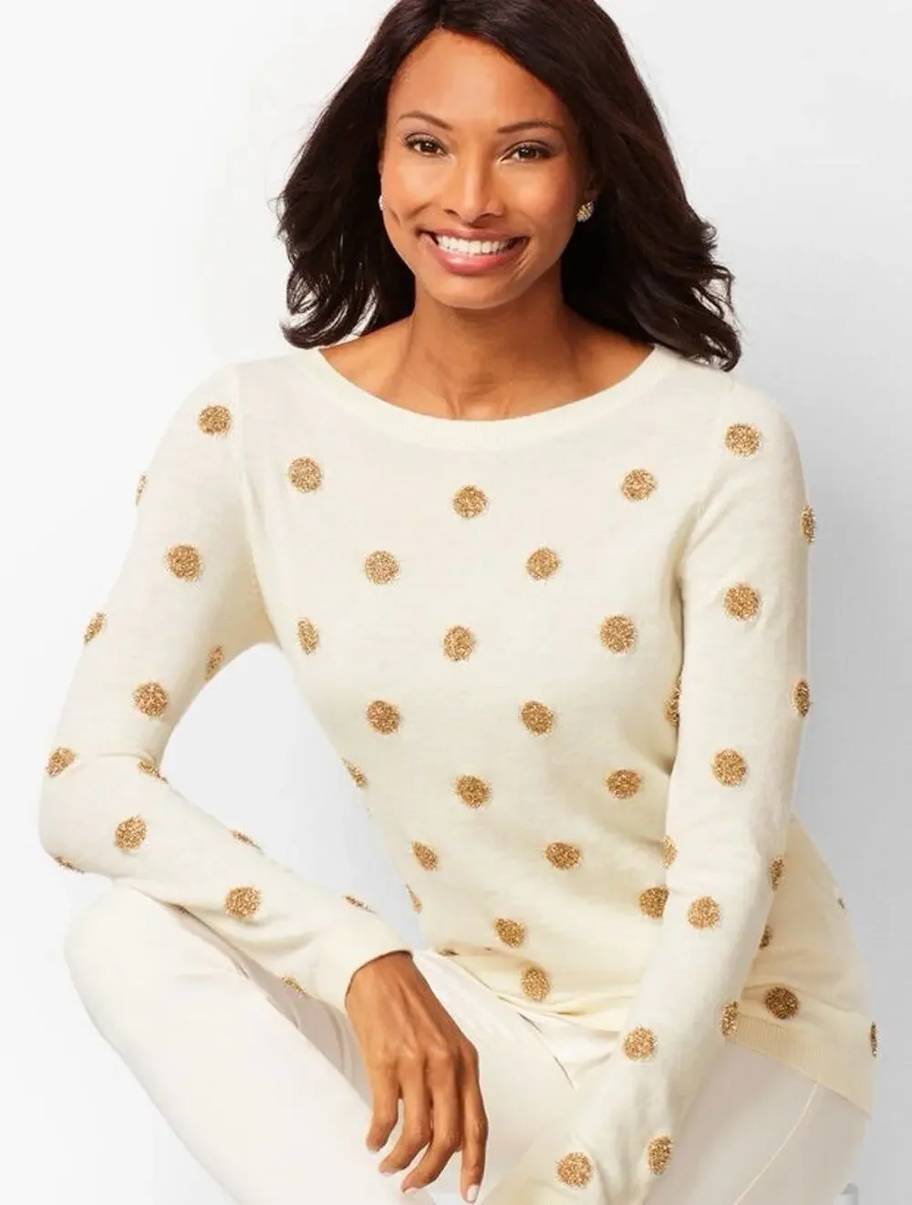 Talbots Women’s Tinsel Dot Sweater Ivory Gold Size P